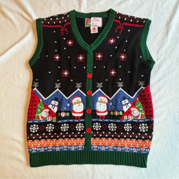 Jackets & Blazers - Merry Christmas Womens Ugly Sweater Vest Santa Snowman Buttons Blue Green Red L